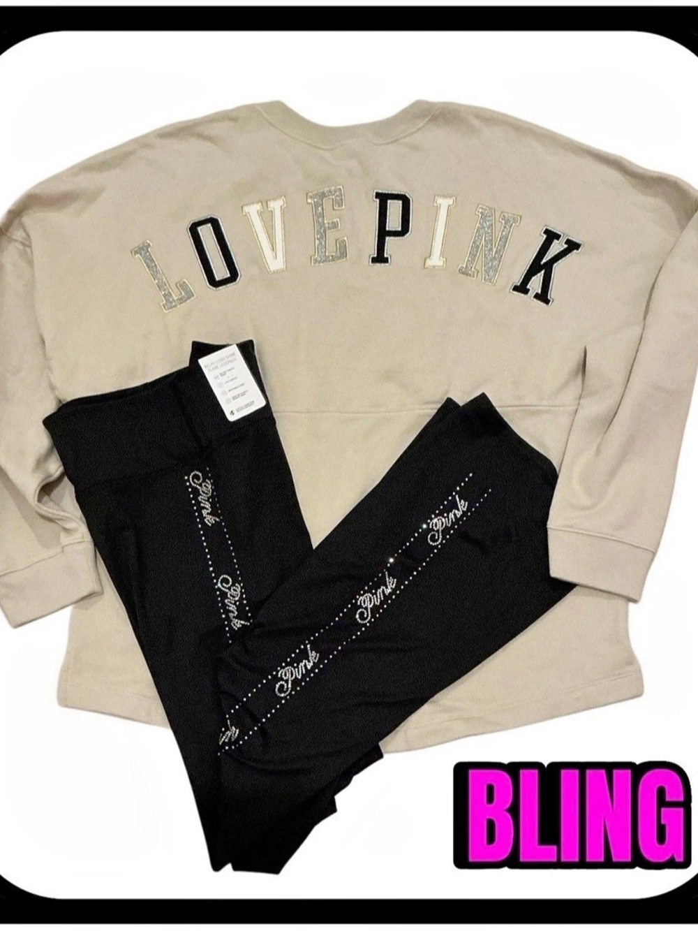 PINK Victoria's Secret Bling Varsity Crew & flare Leggings RARE NWT